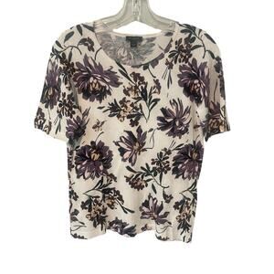 Ann Taylor Factory Floral Print Round Neck Short Sleeve Sweater Sz M